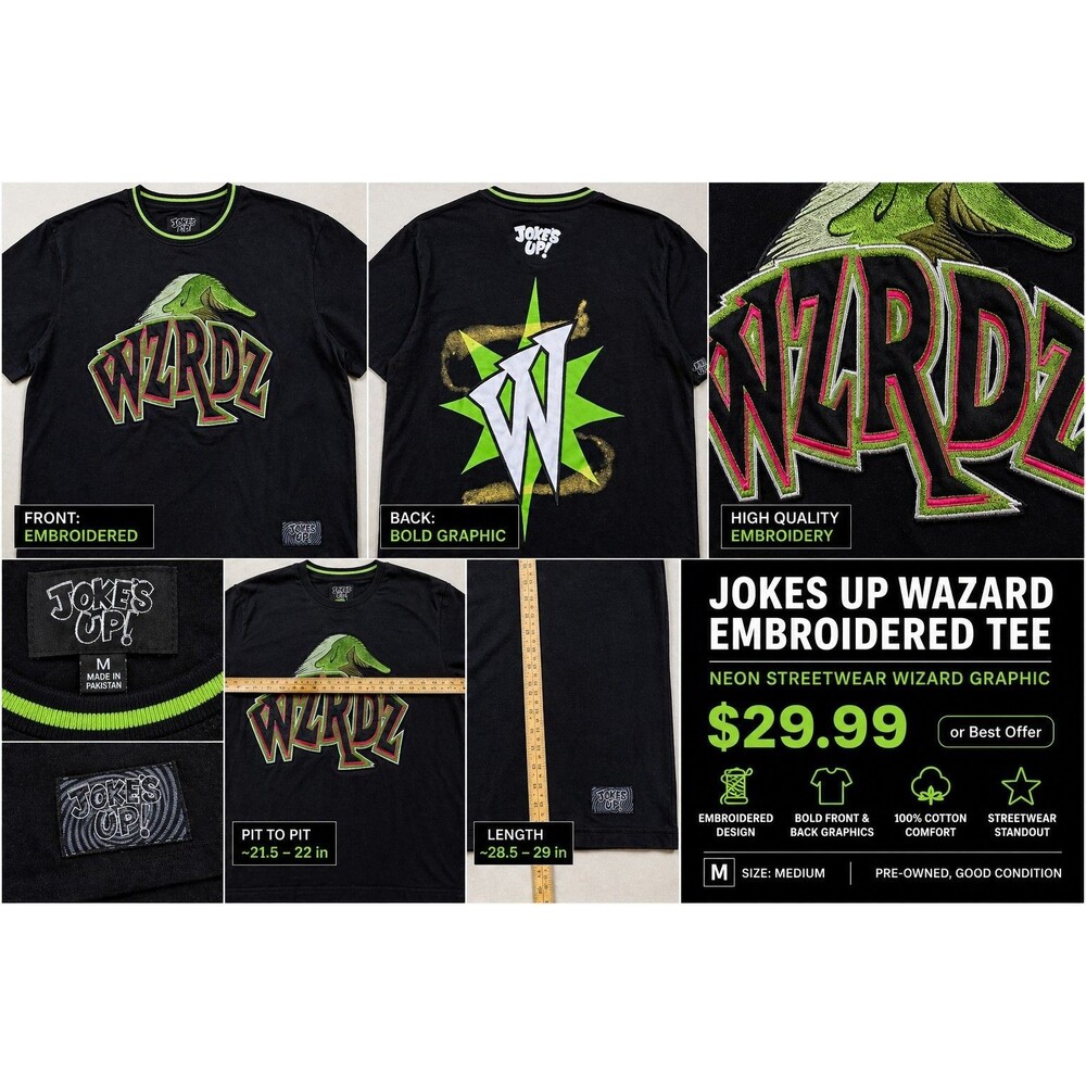 Jokes Up Wazard Embroidered Graphic T Shirt Men M Black Neon Streetwear Skaters